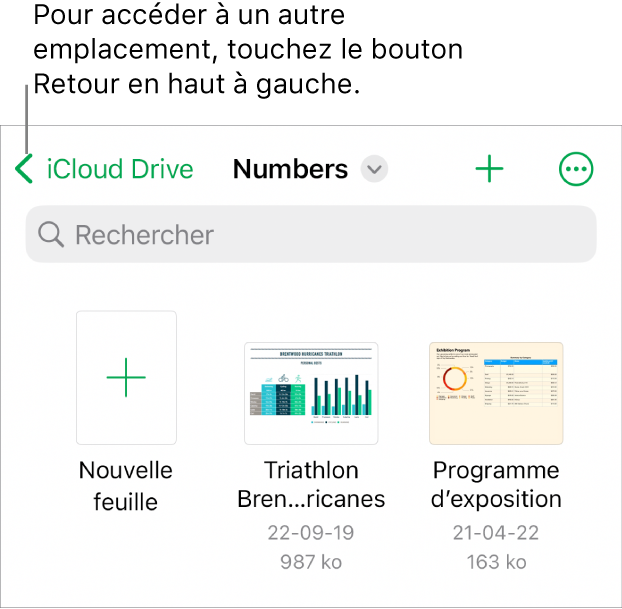 La présentation de navigation du gestionnaire de feuilles de calcul avec le bouton Retour dans le coin supérieur gauche, au-dessus d’un champ de recherche. Sous le champ de recherche se trouve un bouton Nouvelle feuille à côté des vignettes de feuilles de calcul existantes. Dans le coin supérieur droit se trouvent les boutons Ajouter et Plus.