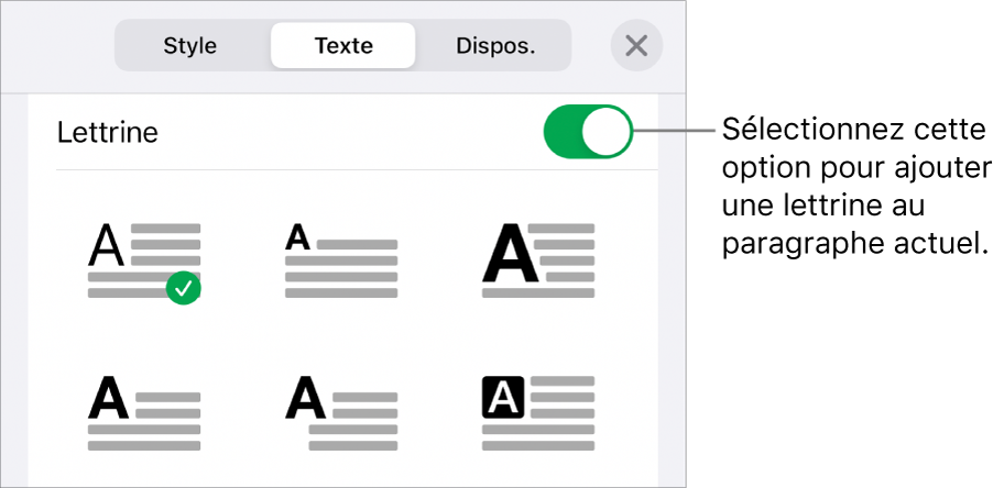 Les commandes Lettrine situées dans le menu Texte.