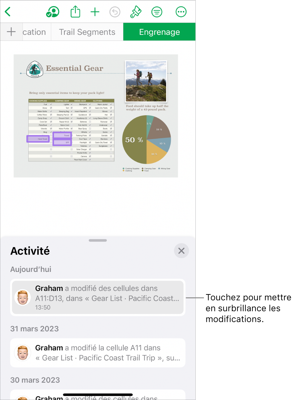 Une feuille de calcul collaborative avec le menu de collaboration et la liste d’activités tous les deux ouverts.