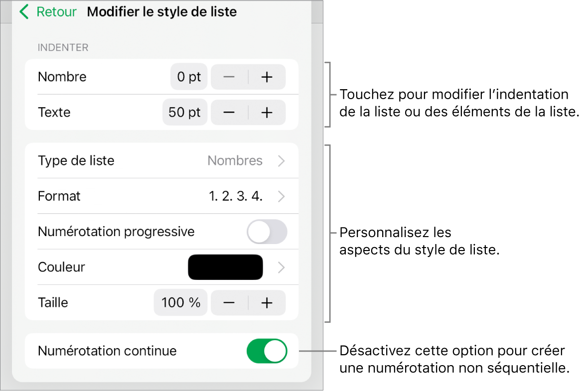 Le menu « Modifier le style de liste » avec des commandes d’espacement de l’indentation, de type et de format de liste, de numérotation progressive, de couleur et de taille de liste, et de numérotation continue.