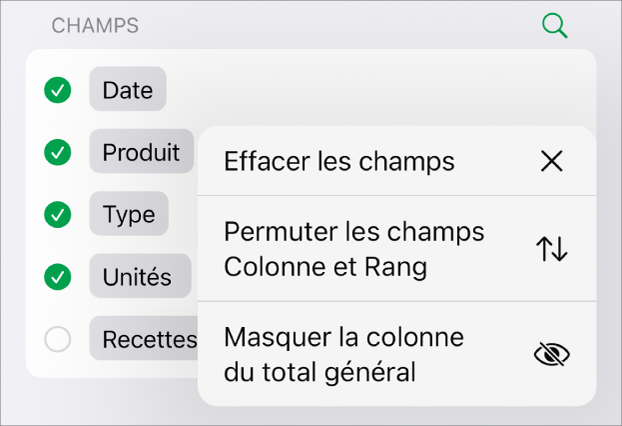 Le menu « Options du champ » affichant les commandes permettant de masquer les totaux généraux, de permuter les champs Colonne et Rang, et d’effacer des champs.