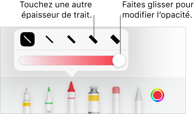 Commandes pour choisir une épaisseur de trait et curseur pour ajuster l’opacité.