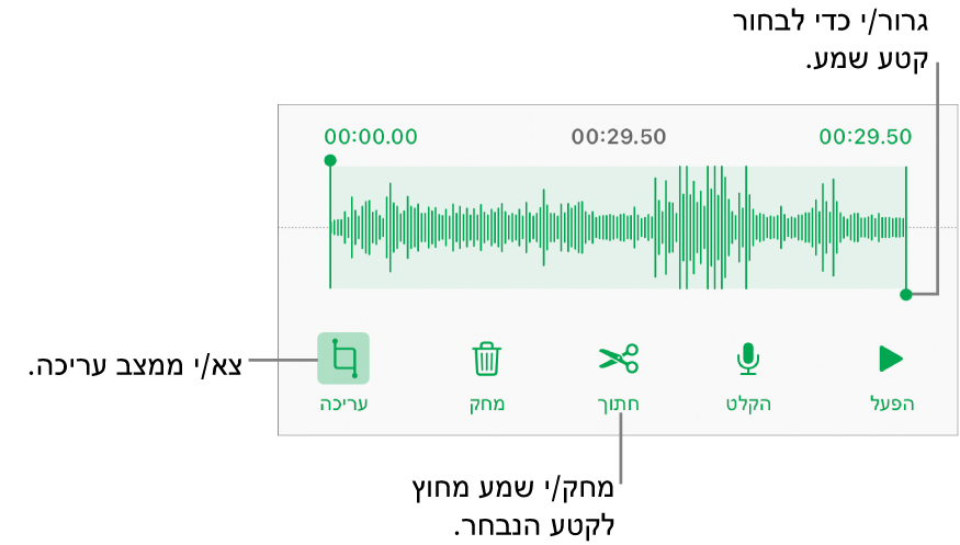 כלי הבקרה לעריכת שמע שהוקלט. ידיות האחיזה מציינות את המקטע שנבחר מתוך ההקלטה, והכפתורים ״תצוגה מקדימה״, ״הקלט״, ״חתוך״, ״מחק״ ו״מצב עריכה״ נמצאים מתחת.