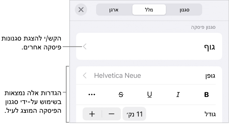 תפריט ״עיצוב״ עם כלי בקרה של מלל להגדרת סגנונות, גופן, גודל וצבע עבור פיסקאות ותווים.