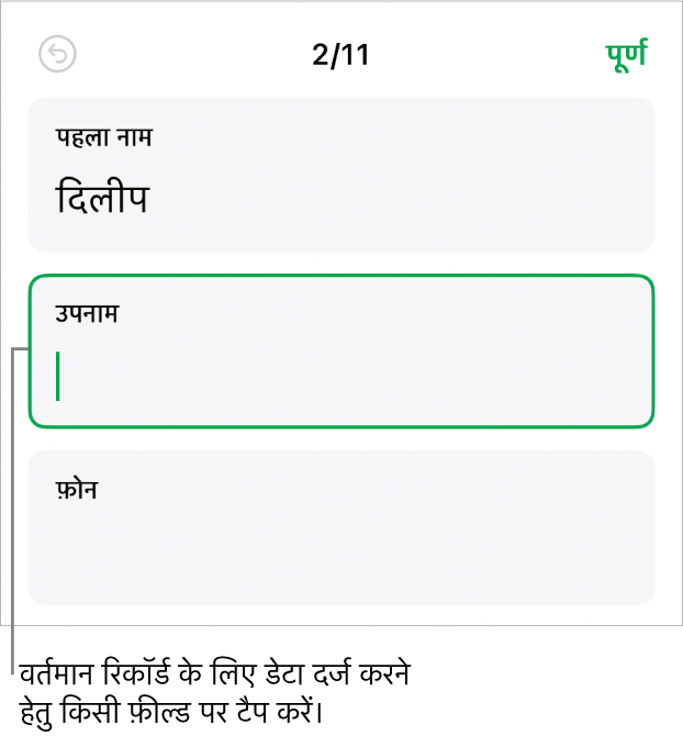 सम्मिलन बिंदु के साथ सक्रिय फ़ील्ड दिखाता हुआ फ़ॉर्म में मौजूद रिकॉर्ड।