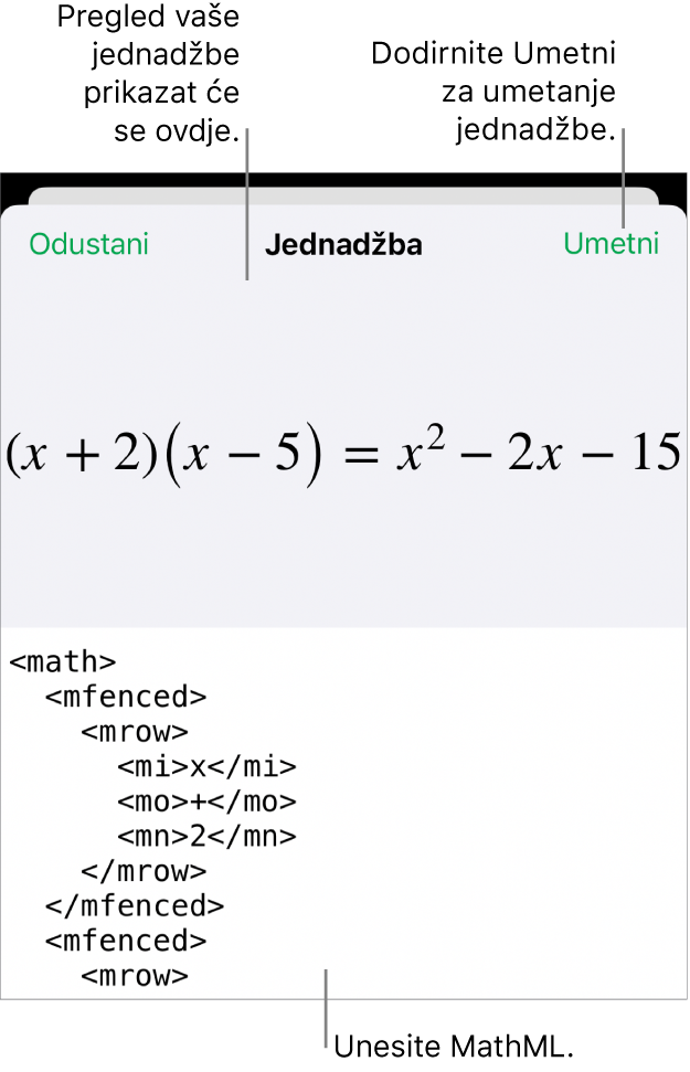 Dijaloški okvir Jednadžba koji prikazuje jednadžbu napisanu korištenjem MathML naredbi i prikaz gornje formule.