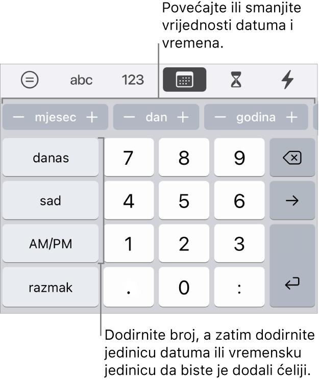 Tipkovnica za datum i vrijeme. Redak tipaka na vrhu prikazuje jedinice vremena (mjesec, dan i godina) koje možete postupno mijenjati za promjenu vrijednosti prikazane u ćeliji. S lijeve strane nalaze se tipke za danas, trenutačno vrijeme, te AM/PM, a brojčane tipke su u središtu tipkovnice.