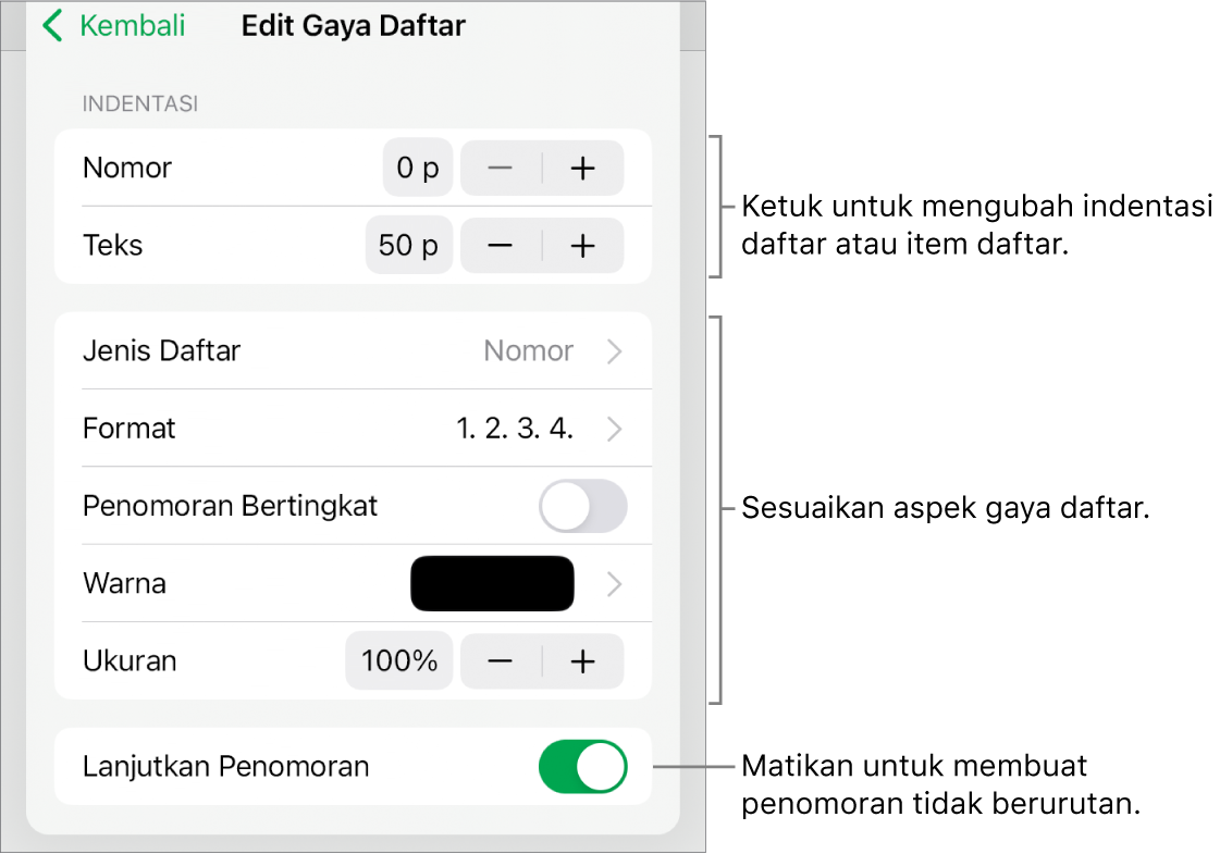 Menu Edit Gaya Daftar untuk spasi indentasi, jenis dan format daftar, penomoran bertingkat, warna dan ukuran daftar, serta penomoran berkelanjutan.