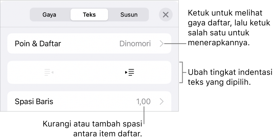 Bagian Poin & Daftar dari kontrol Format dengan keterangan ke Poin & Daftar, tombol indentasi luar dan indentasi dalam, serta kontrol spasi baris.