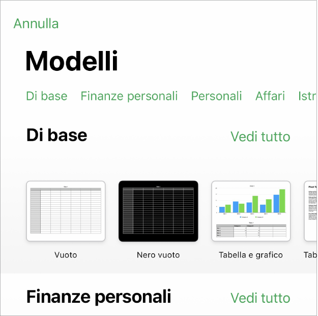 “Scelta modelli”, in cui è visibile una riga di categorie nella parte superiore dello schermo che puoi toccare per filtrare le opzioni. Sotto ci sono delle miniature di modelli con design predefinito disposte in riga per categoria, a partire da Recenti in cima e seguite da “Di base”. Viene visualizzato un pulsante “Vedi tutto” in alto e a destra di ciascuna riga della categoria.