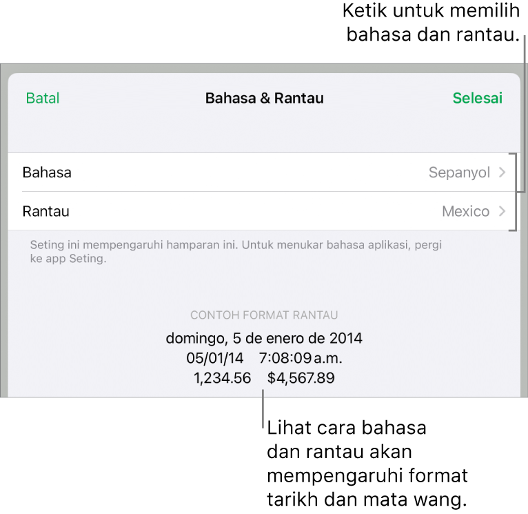 Anak tetingkap Bahasa dan Rantau dengan kawalan untuk bahasa dan rantau, serta contoh format termasuk tarikh, masa, perpuluhan dan mata wang.