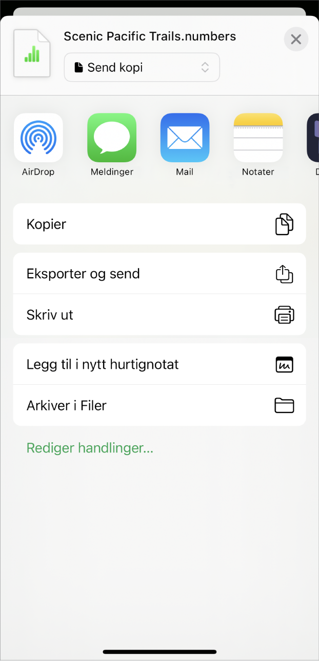 Numbers-vinduet viser Del-menyen, med valg for å sende en kopi av regnearket, eksportere og sende det i et annet format, eller skrive ut eller arkivere regnearket i Filer-appen.