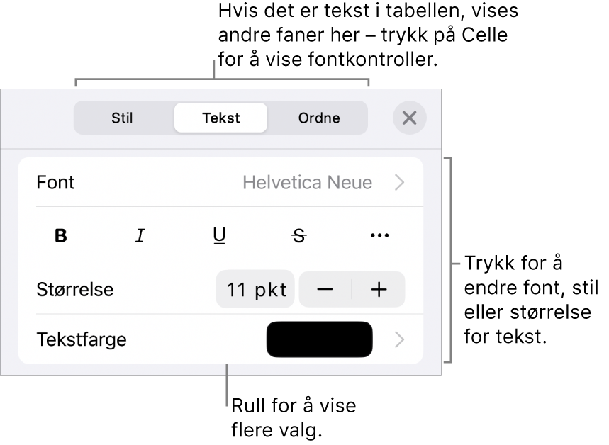 Tekstkontroller i Format-menyen for å angi avsnitts- og tegnstiler, font, størrelse og farge.