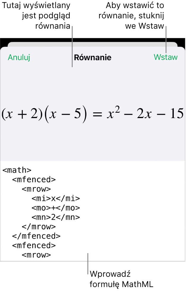 Pole dialogowe Równanie, zawierające równanie zapisane przy użyciu języka MathML. Powyżej widoczny jest podgląd tego równania.