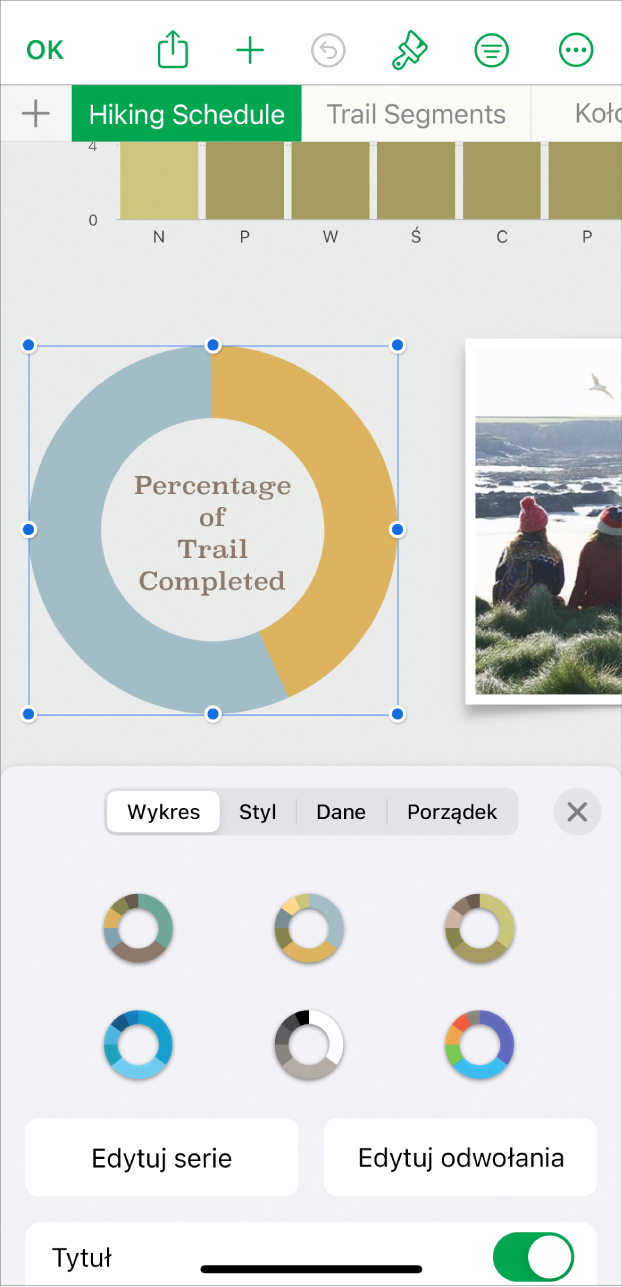 Wykres kołowy pokazujący procent przebytych szlaków. Otwarte jest także menu Format, pokazujące różne style wykresu do wyboru, a także opcje edycji serii lub odwołań wykresów oraz włączania lub wyłączanie tytułu wykresu.