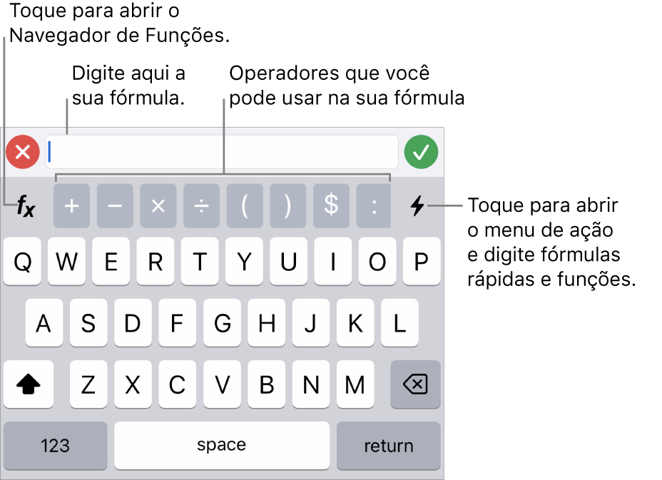 O teclado de fórmulas com o editor de fórmulas acima e os operadores utilizados nas fórmulas, abaixo. O botão Funções, para abrir o Navegador de Funções, está à esquerda dos operadores e o botão Ação do menu está à direita.