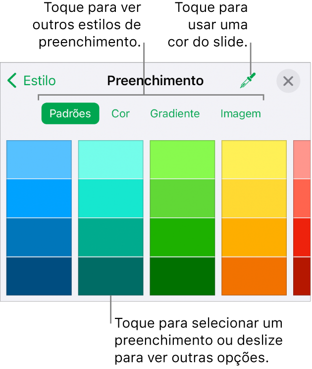 Opções de preenchimento na aba Estilo do botão Formatar.