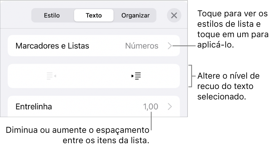 Seção “Marcadores e Listas” dos controles de Formatação, com chamadas para “Marcadores e Listas”, botões para aumentar ou diminuir o recuo e controles de entrelinha.