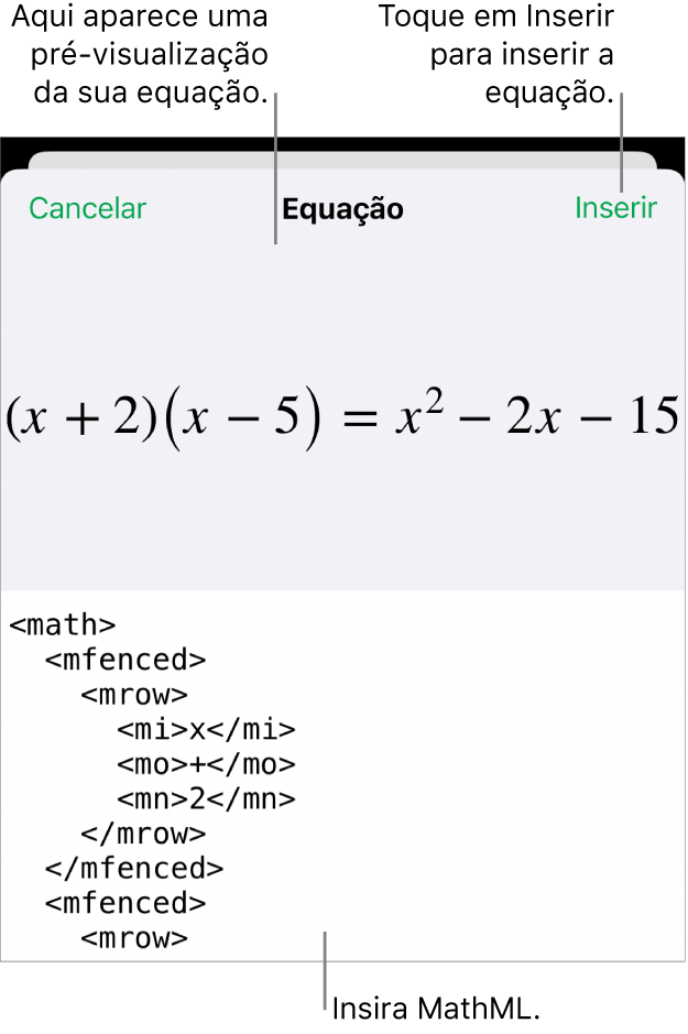 O diálogo de Equação, mostrando uma equação escrita com comandos MathML e uma pré-visualização da fórmula acima.