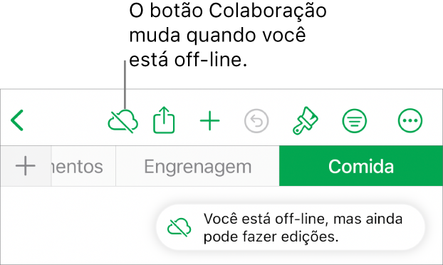 Os botões na parte superior da tela com o botão Colaboração transformado em uma nuvem com uma linha diagonal sobre ela. Alerta na tela informando que “Você está off-line, mas ainda pode fazer edições.”