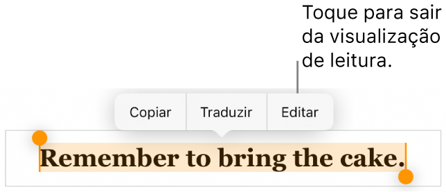 Uma frase está selecionada e acima dela está um menu contextual com os botões Copiar e Editar.