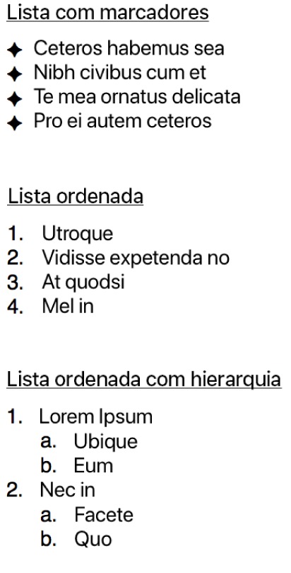 Exemplos de listas com marcadores, ordenadas e ordenadas com hierarquia.