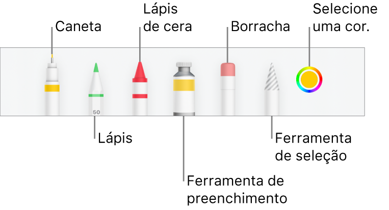 As barra de ferramentas de desenho no Numbers no iPhone com uma caneta, lápis, lápis de cera, ferramenta de preenchimento, borracha, ferramenta de seleção e o seletor de cores a apresentar a cor atual.