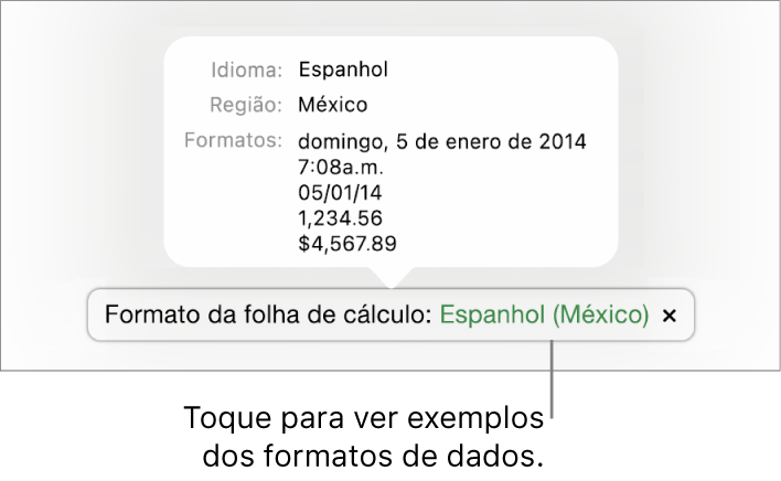 A notificação da definição diferente do idioma e região, apresentando exemplos da formatação nesse idioma e região.