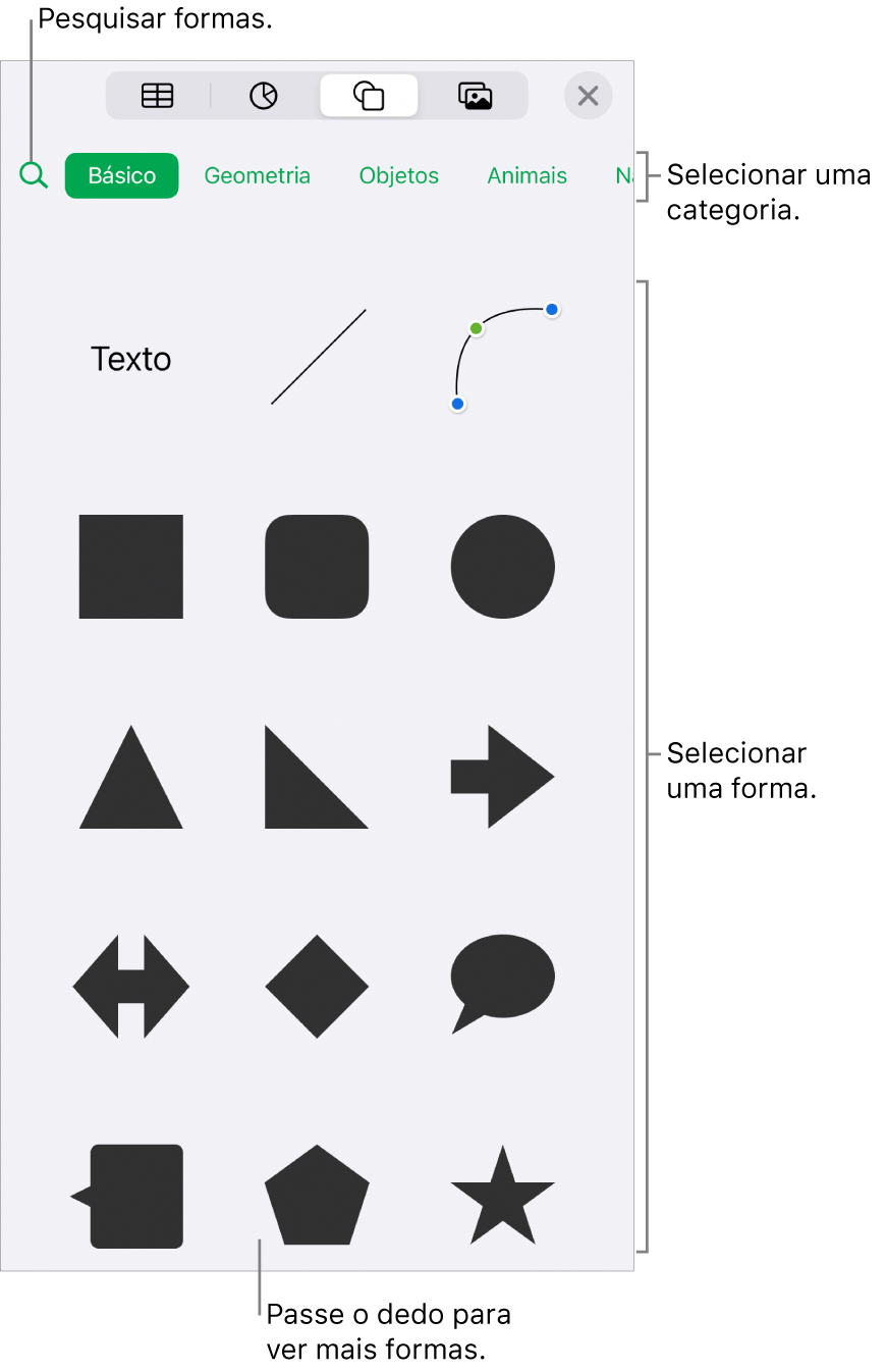 A biblioteca de formas, com as categorias exibidas na parte superior e as formas na parte inferior. É possível usar o campo de pesquisa na parte superior para encontrar formas e passar os dedos para ver mais.