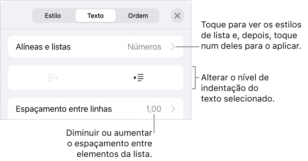 A secção “Marcas e listas” dos controlos de “Formatação” com chamadas para “Marcas e listas”, botões de remover indentação e de indentação e controlos de espaçamento.