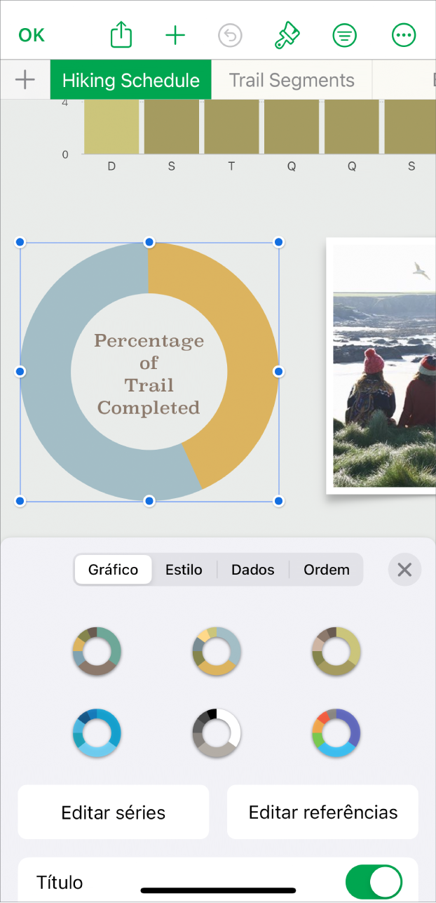 Um gráfico circular com percentagens dos trilhos concluídos. O menu “Formatação” também está aberto, mostrando diferentes estilos de gráfico à escolha, assim como opções para editar as séries ou as referências do gráfico, e ativar ou desativar o título do gráfico.
