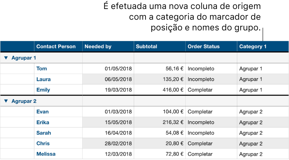 Uma tabela categorizada com marcadores de posição de nome para a categoria e grupos.