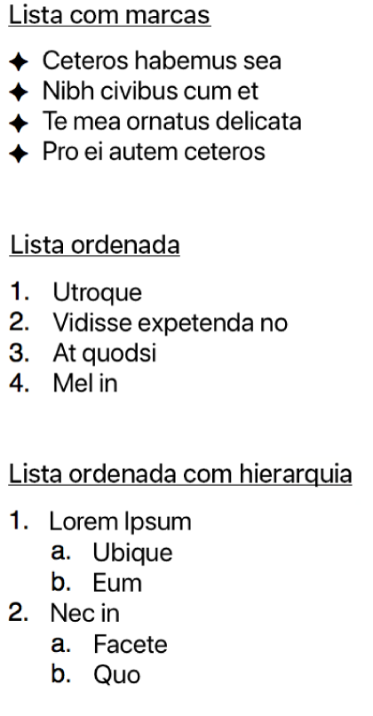 Exemplos de listas com marcas, ordenadas e ordenadas com hierarquia.