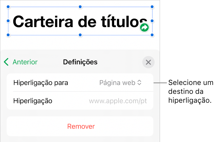 Os controlos “Definições” com a página web selecionada e o botão “Remover” na parte inferior.