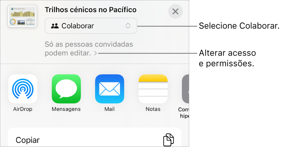 O menu "Partilha” com “Colaboração” selecionada na parte superior e as definições de acesso e permissão por baixo.