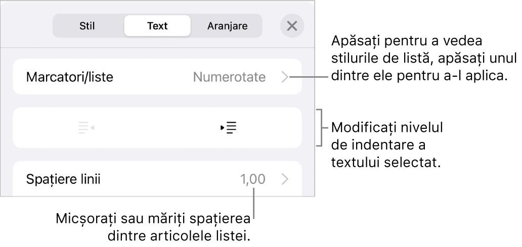 Secțiunea Marcatori/liste din comenzile Format cu explicații pentru Marcatori/liste, butoanele de indentare și indentare exterioară, precum și comenzile pentru spațierea liniilor.