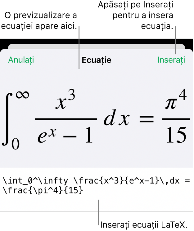 Caseta de dialog Ecuație, afișând o ecuație scrisă cu ajutorul comenzilor LaTex și, deasupra, o previzualizare a formulei.