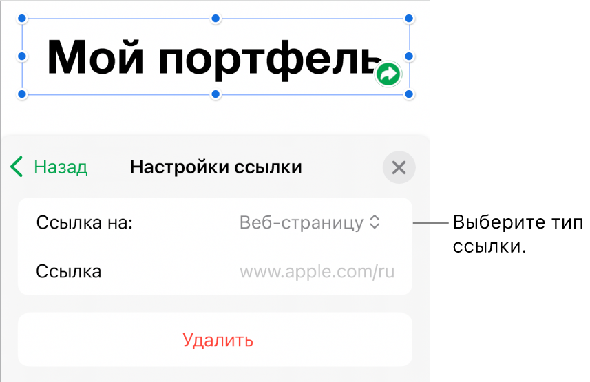 Элементы управления «Настройки ссылки»; выбран элемент «Веб-страница». В нижней части экрана показана кнопка «Удалить».