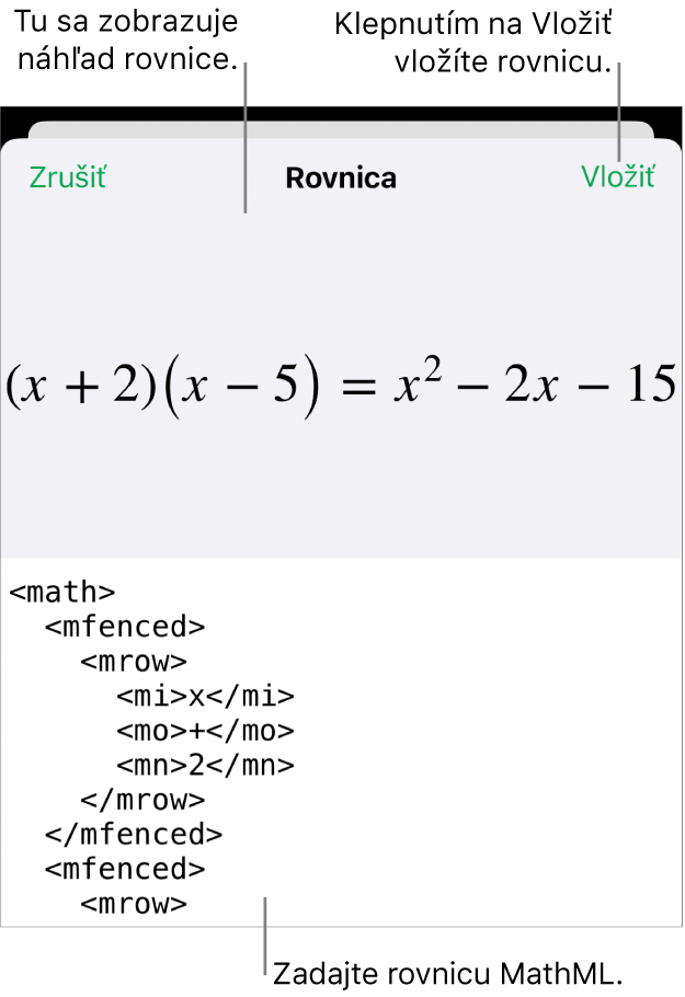 Dialógové okno Rovnica zobrazujúce rovnicu napísanú pomocou príkazov MathML, vyššie sa nachádza náhľad vzorca.