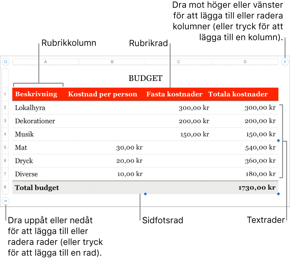 En tabell med rubrik-, text- och sidfotsrader och -kolumner, och handtag för att lägga till eller ta bort rader och kolumner.