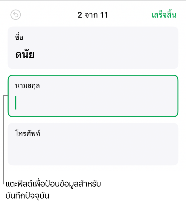 บันทึกในแบบฟอร์มที่แสดงฟิลด์ที่ใช้งานอยู่ซึ่งมีจุดแทรก