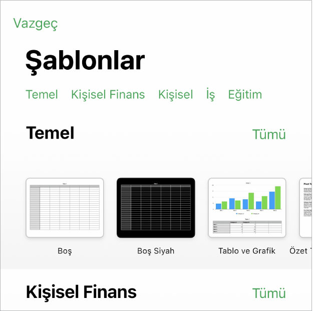 Üst taraf boyunca seçenekleri filtrelemek için dokunabileceğiniz kategori satırını gösteren şablon seçici. Altta, kategoriye göre satırlar halinde düzenlenmiş önceden tasarlanmış şablonların küçük resimleri yer alır; en üstte Son Kullanılanlar ile başlar, ardından Temel gelir. Yukarıda ve her bir kategori satırının üstünde Tümünü Gör düğmesi görünür.