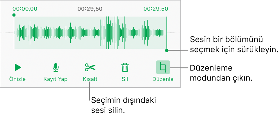 Kaydedilen sesi düzenleme denetimleri. Tutamaklar kaydın seçilen kısmını gösterir; Önizleme, Kaydet, Kes, Sil ve Düzen Modu düğmeleri aşağıdadır.