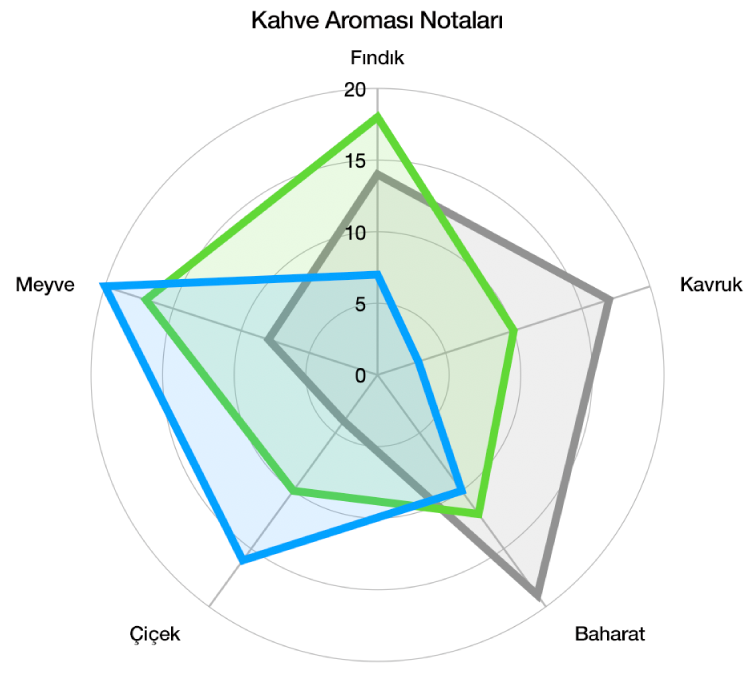 Eğri bir ızgara şekli, renk dolgulu bir veri dizisi ve her dizinin kenarının etrafında bir vurgu bulunan bir radar grafiği.