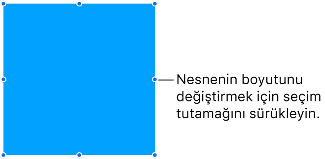 Sınırında büyüklüğünün değiştirilebilmesini sağlayan mavi noktalar olan bir nesne.