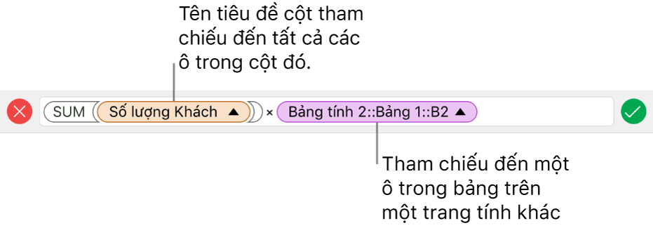 Trình sửa công thức đang hiển thị công thức tham chiếu đến một cột trong một bảng và một ô trong một bảng khác.