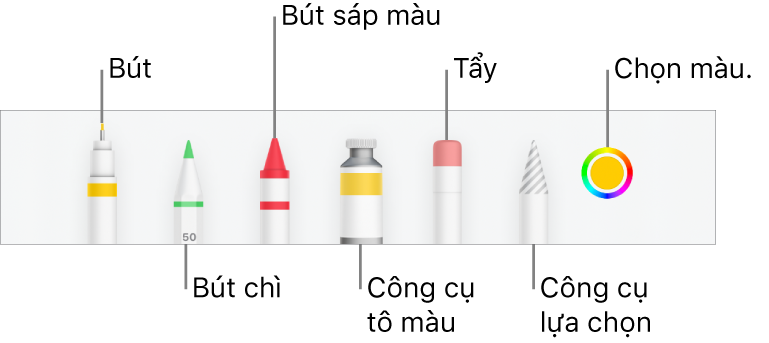 Thanh công cụ vẽ trong Numbers trên iPhone với bút, bút chì, bút sáp màu, công cụ tô màu, tẩy, công cụ chọn và ô màu hiển thị màu hiện tại.