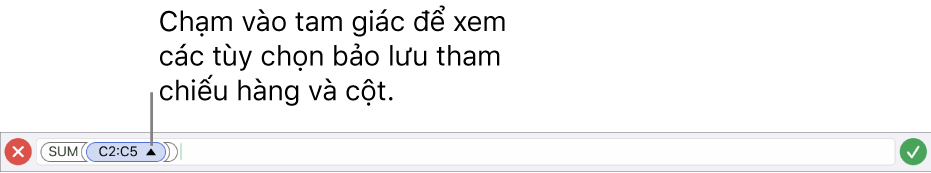 Trình sửa Công thức hiển thị cách bảo lưu tham chiếu hàng và cột khi ô được sao chép hoặc di chuyển.