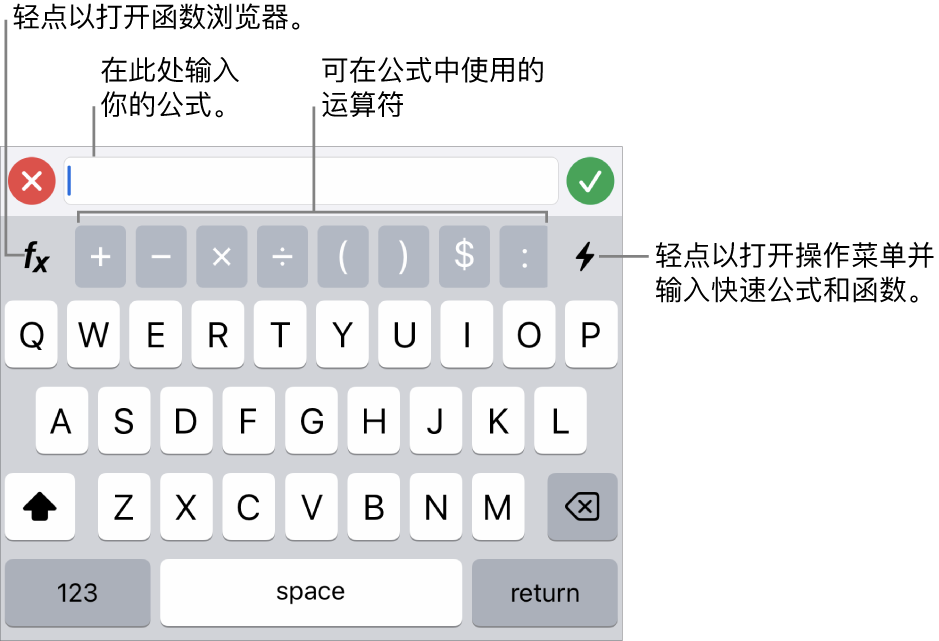 公式键盘，其中公式编辑器位于顶部，公式中所用的运算符显示在下方。用来打开函数浏览器的“函数”按钮位于运算符左边，“操作菜单”按钮位于运算符右边。