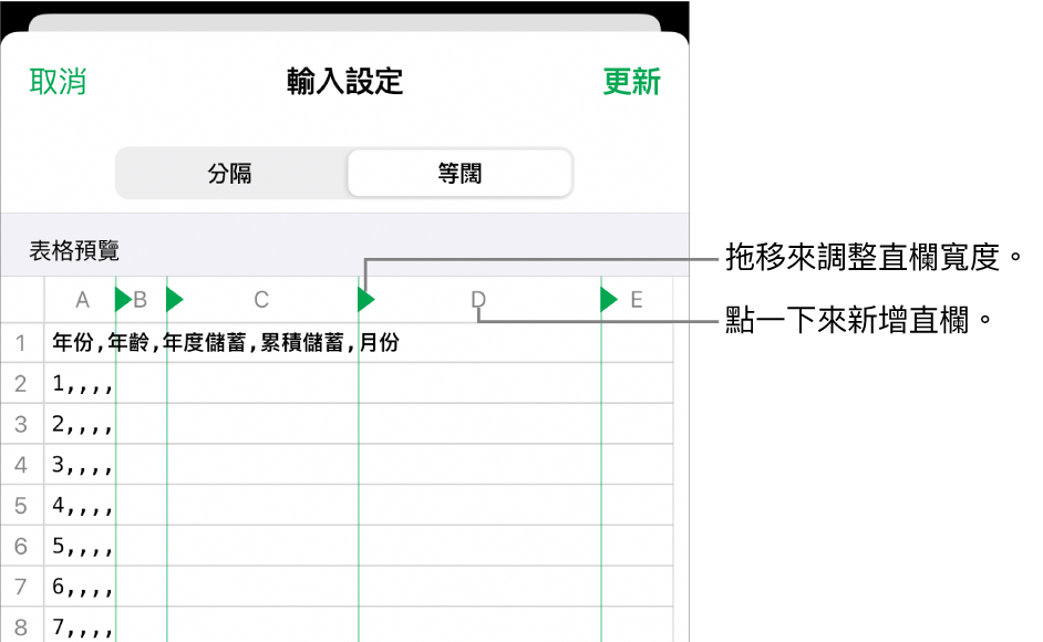 等寬文字檔案的輸入設定。